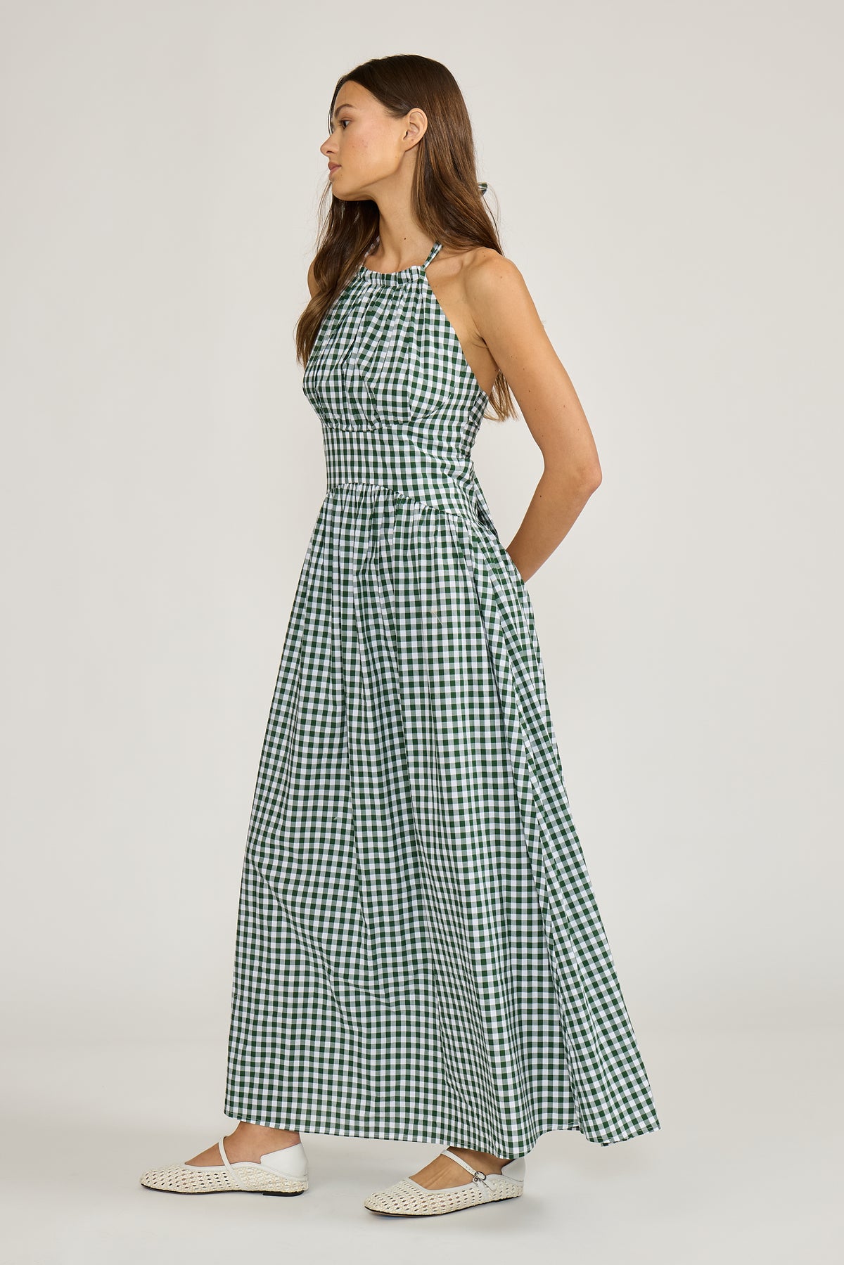 paris green dress Lucy Gingham Print Halter Neck Sleeveless Maxi Dress, Womens, XS, A strappy open back Size:1-2 Months Green Cut-Out Bodice Side Size_Extra Large