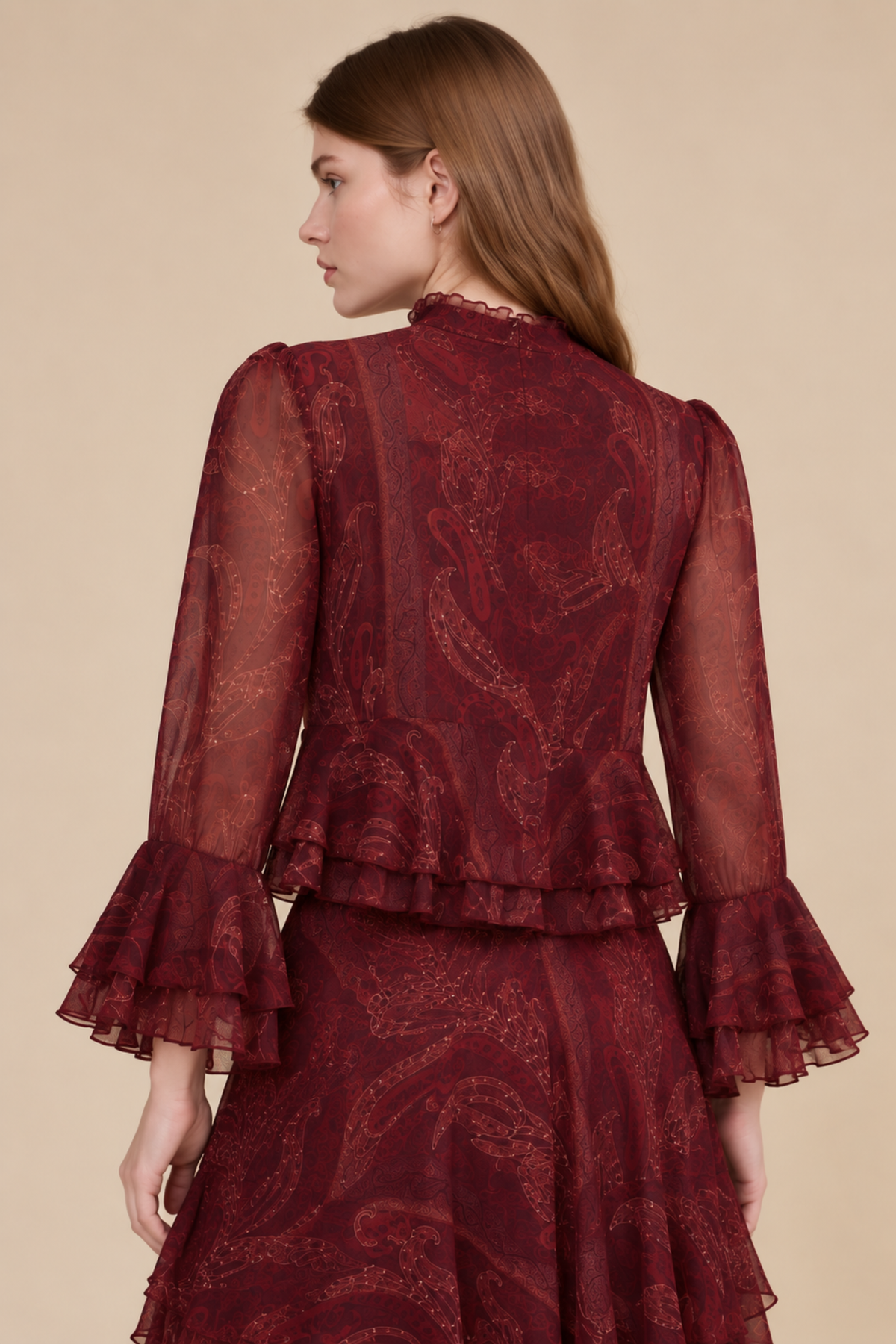 Savannah Peplum Ruffle Top - Burgundy Multi