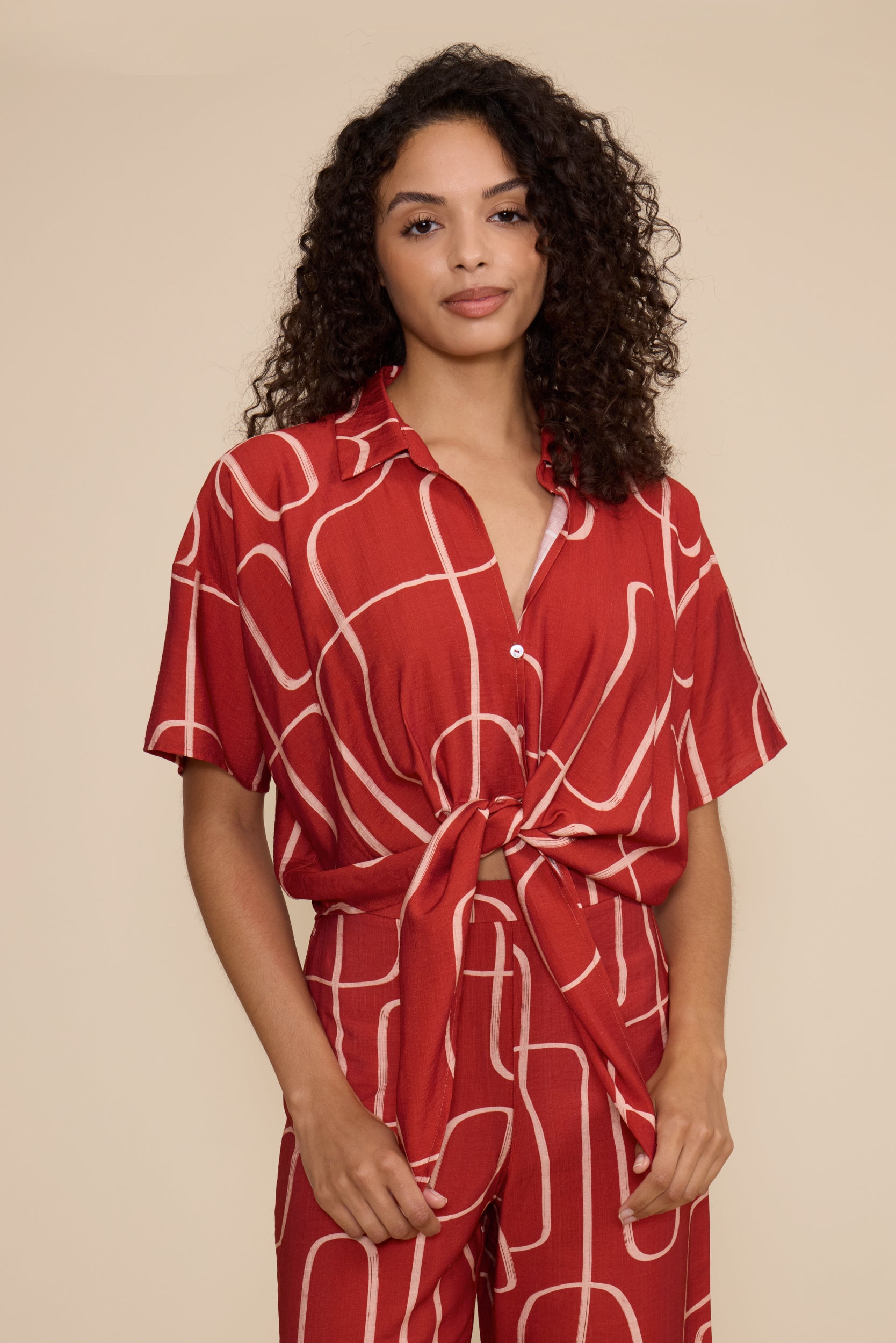 Ren Short Sleeve Tie Top - Brick Red