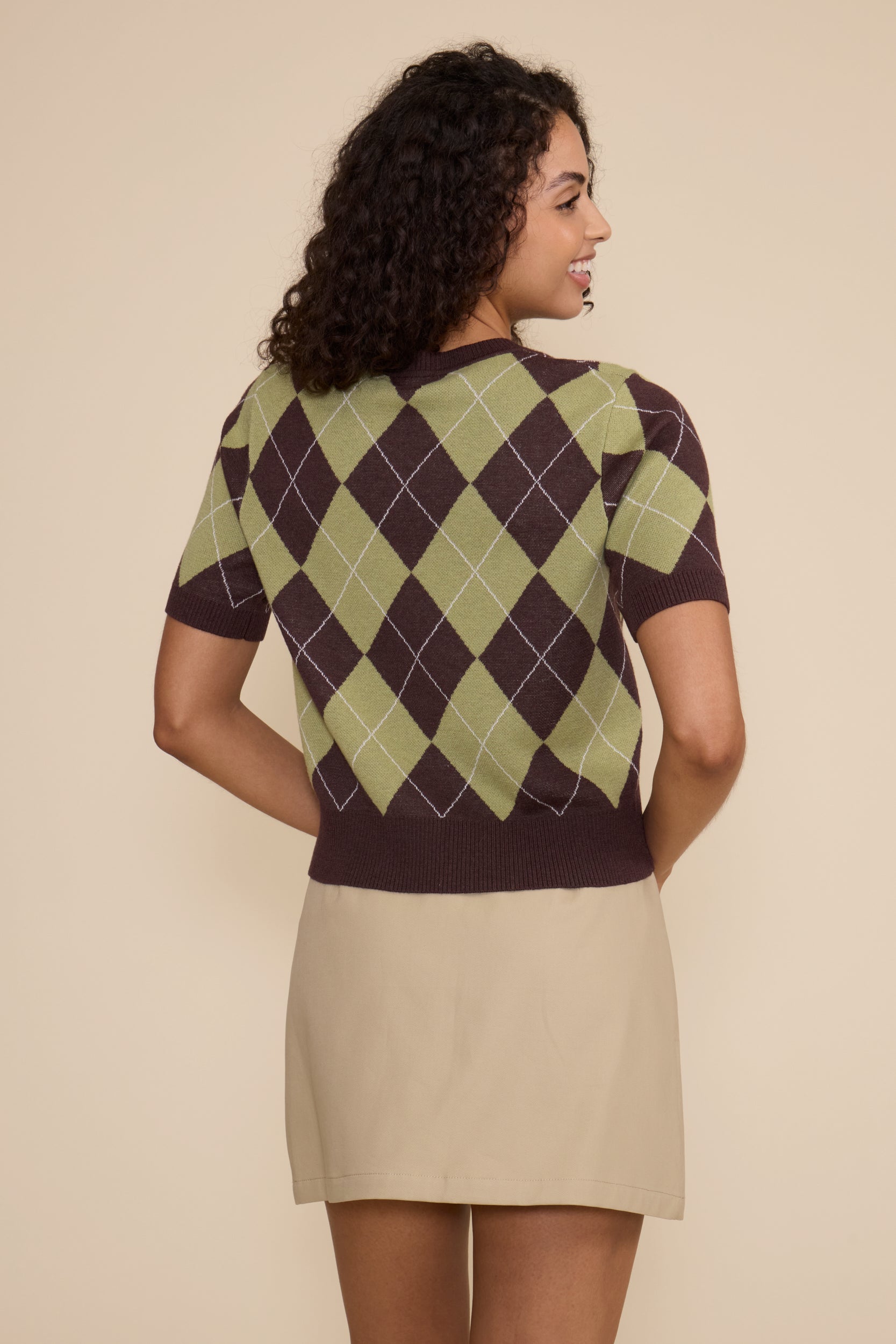Quinn Argyle Knit Top - Brown Green