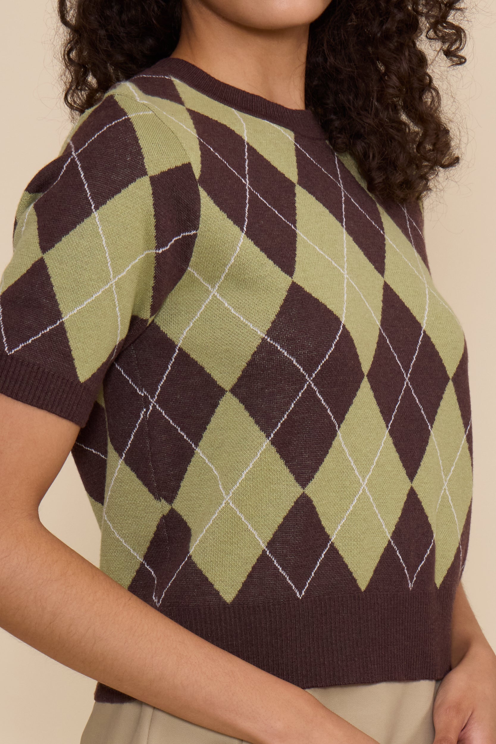 Quinn Argyle Knit Top - Brown Green