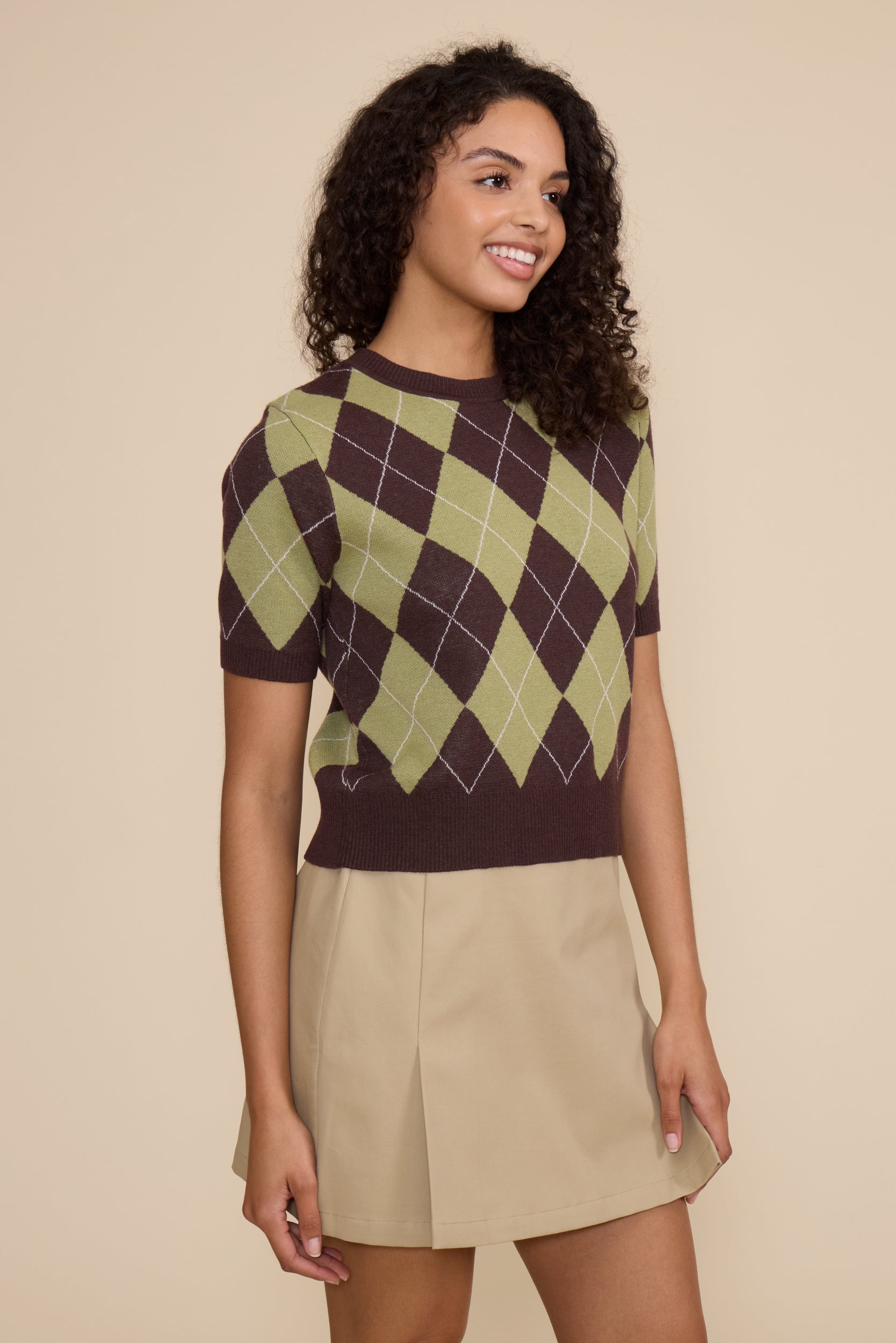 Quinn Argyle Knit Top - Brown Green