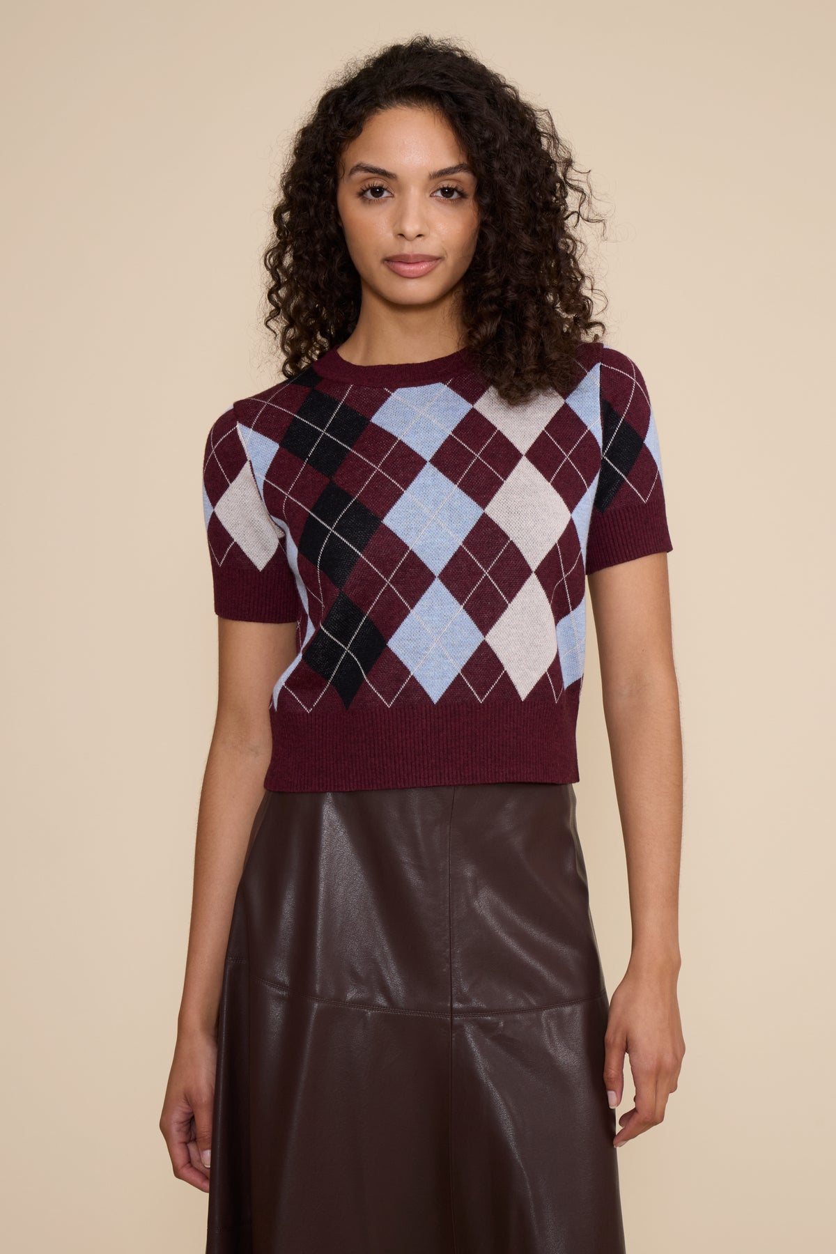 Bria Argyle Knit Top - Burgundy Multi