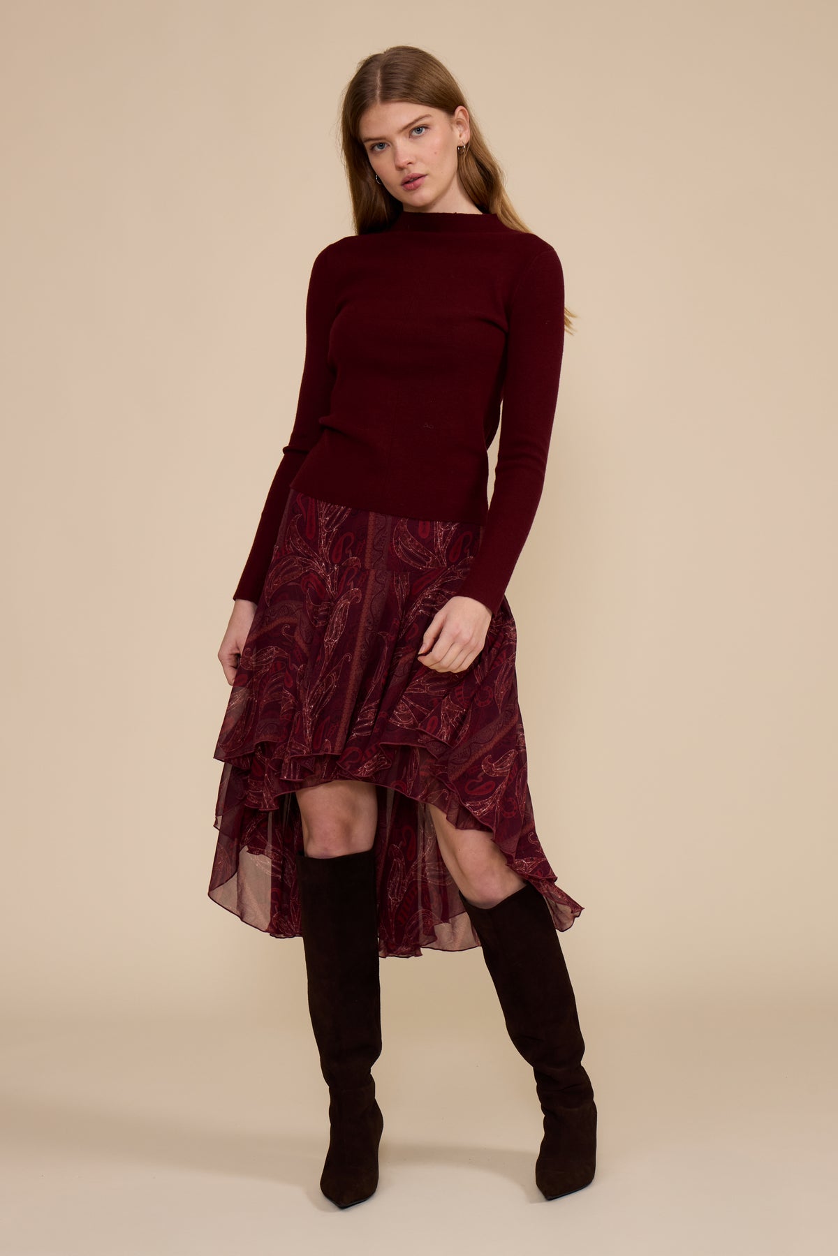 Britney High Low Skirt - Burgundy Multi