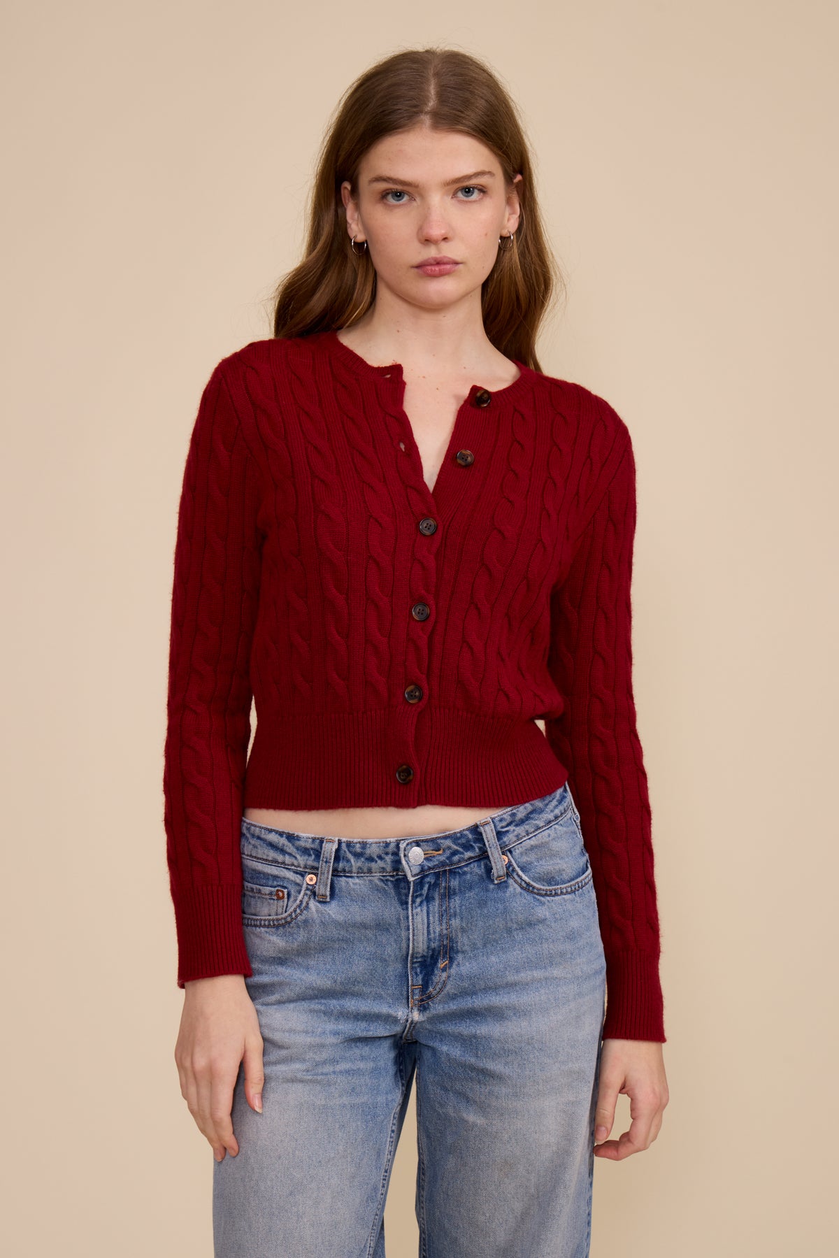 Delia Cable Knit Cardigan Deep Merlot