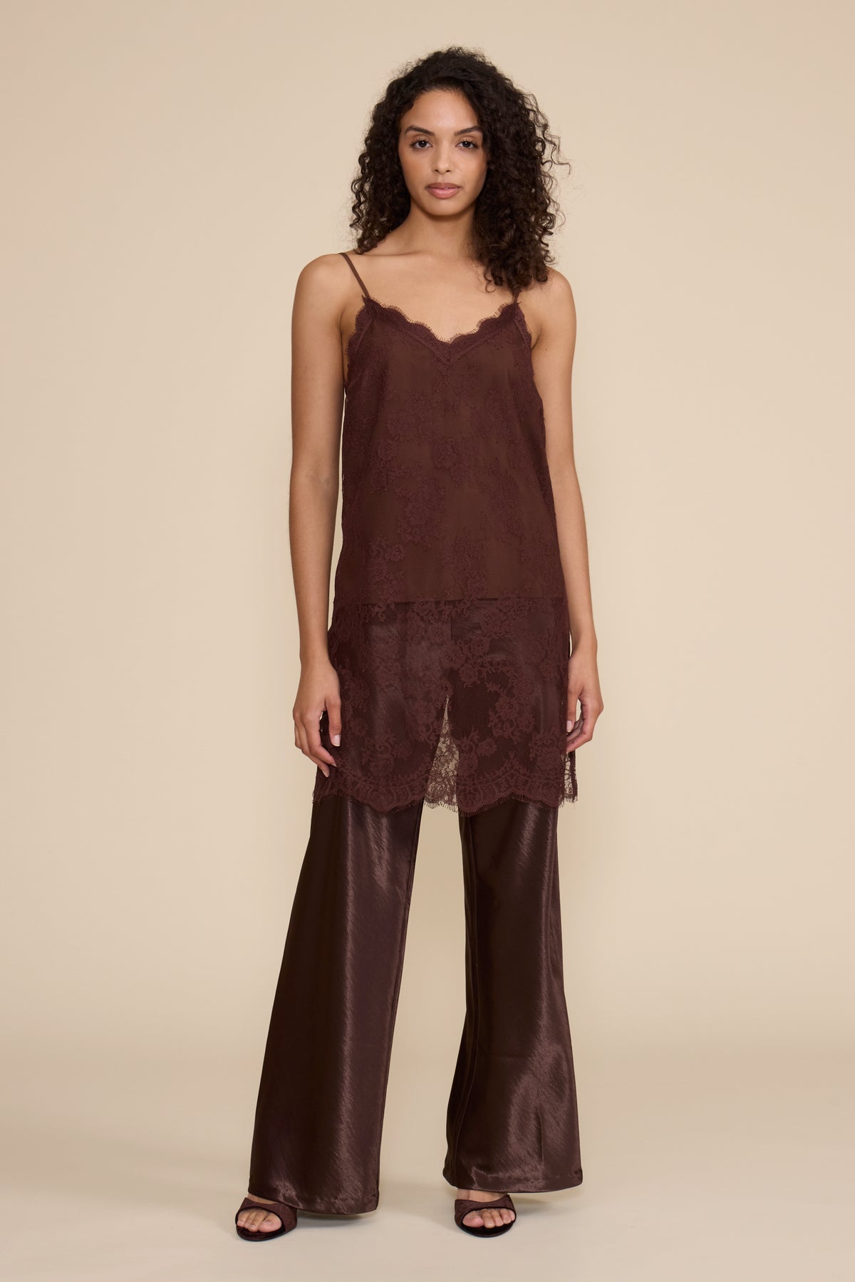 Gabrielle Long Lace Top - Brown