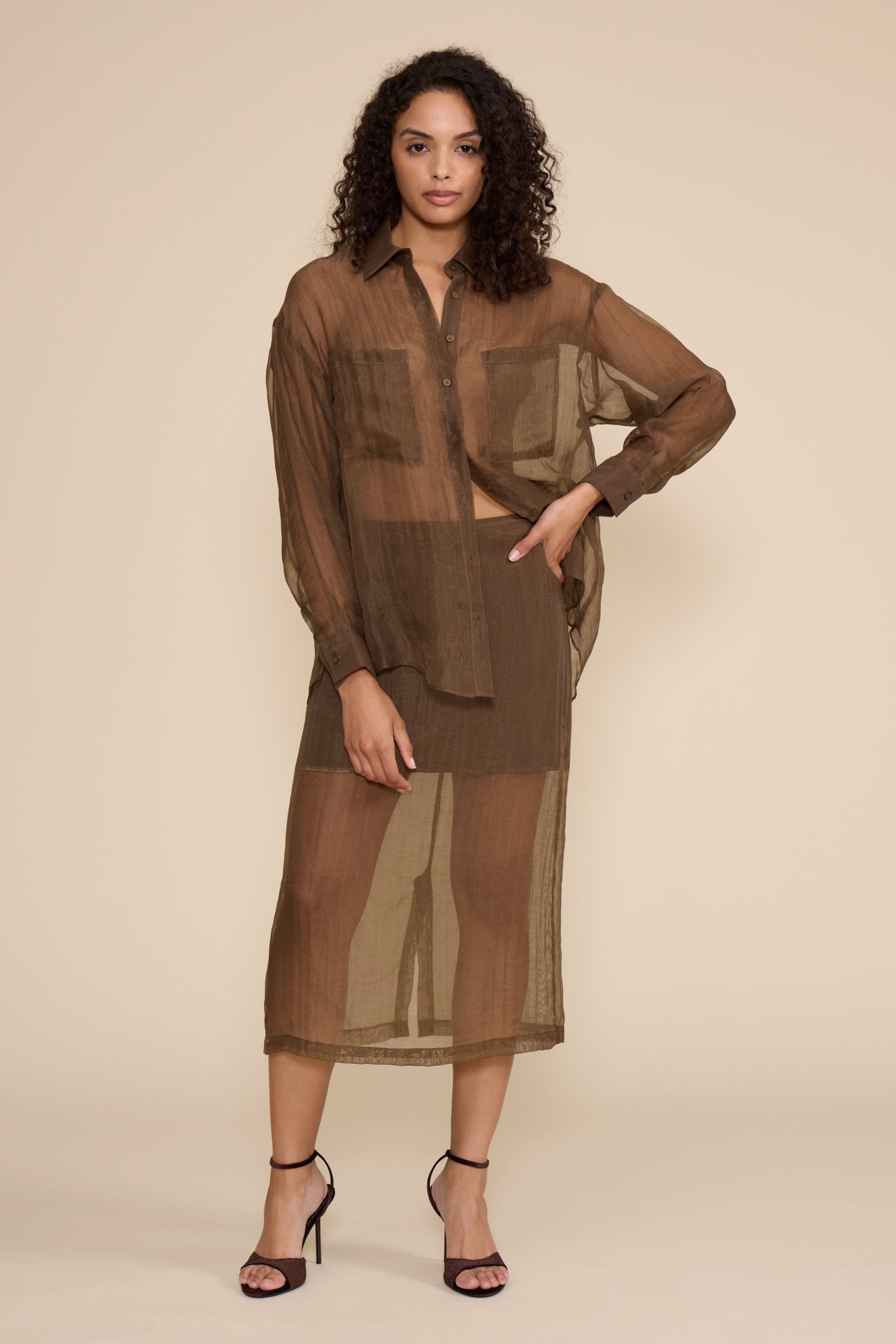 Woman wearing a brown sheer dress against a beige background