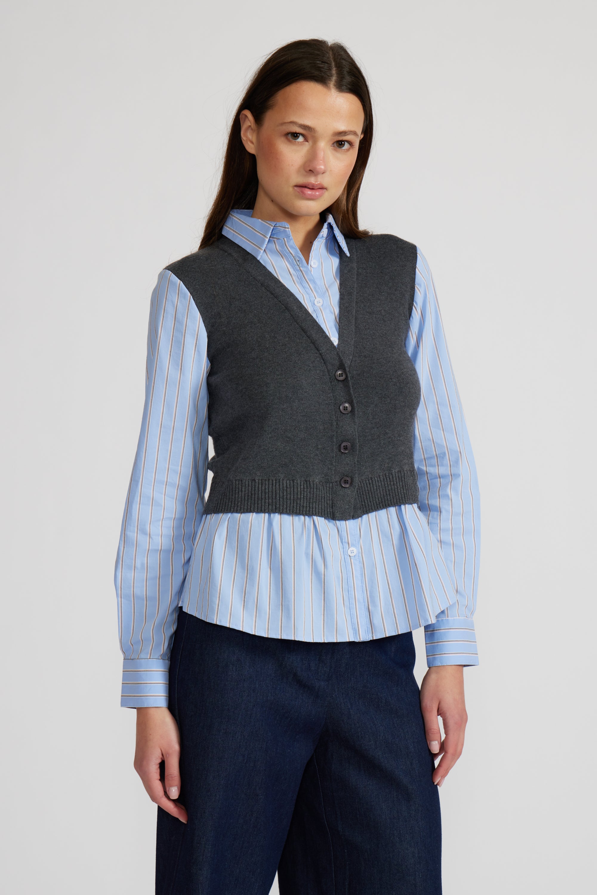 Matty Mixed Media Top - Blue Stripe