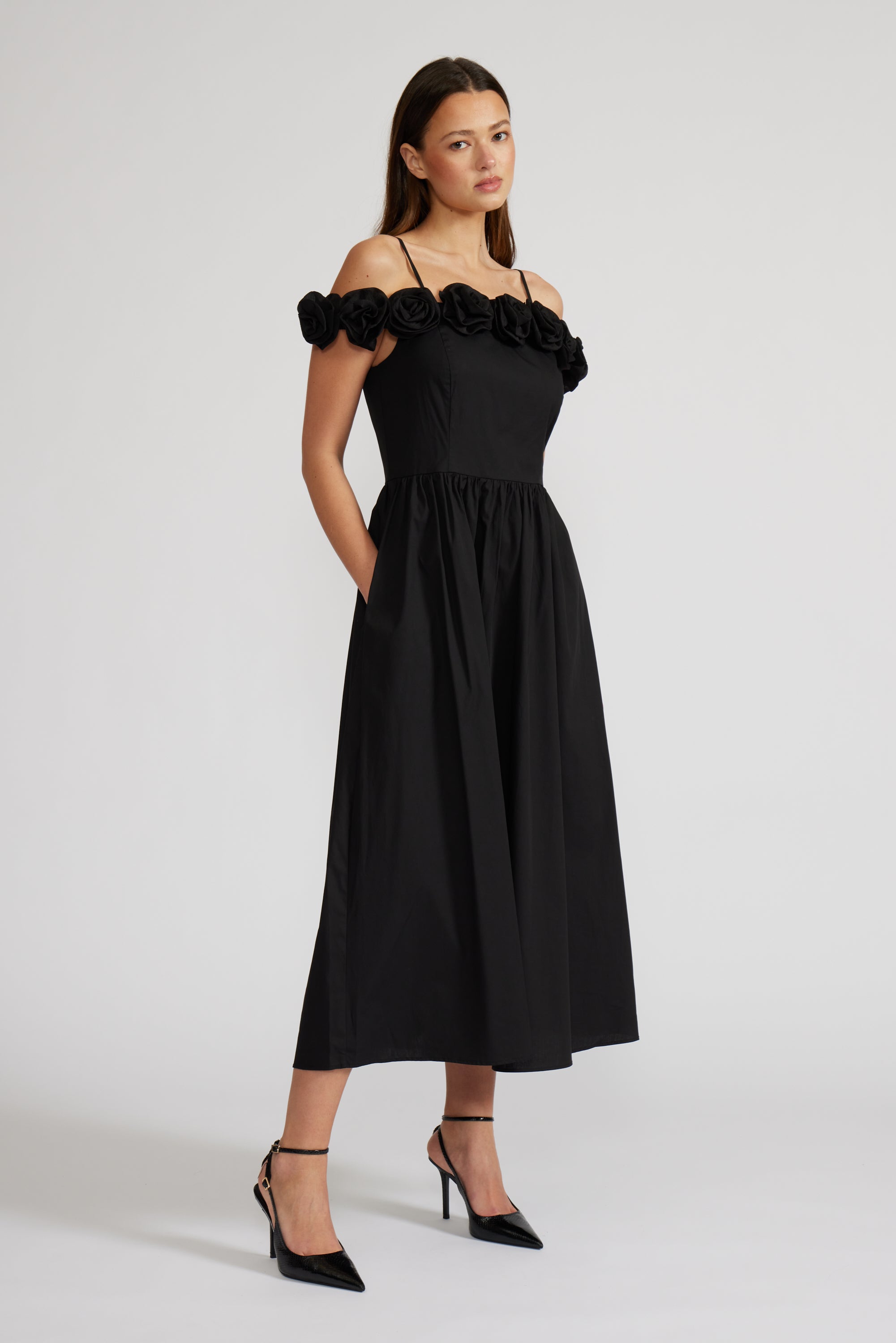 Marbella Rose Detail OTS Dress - Black