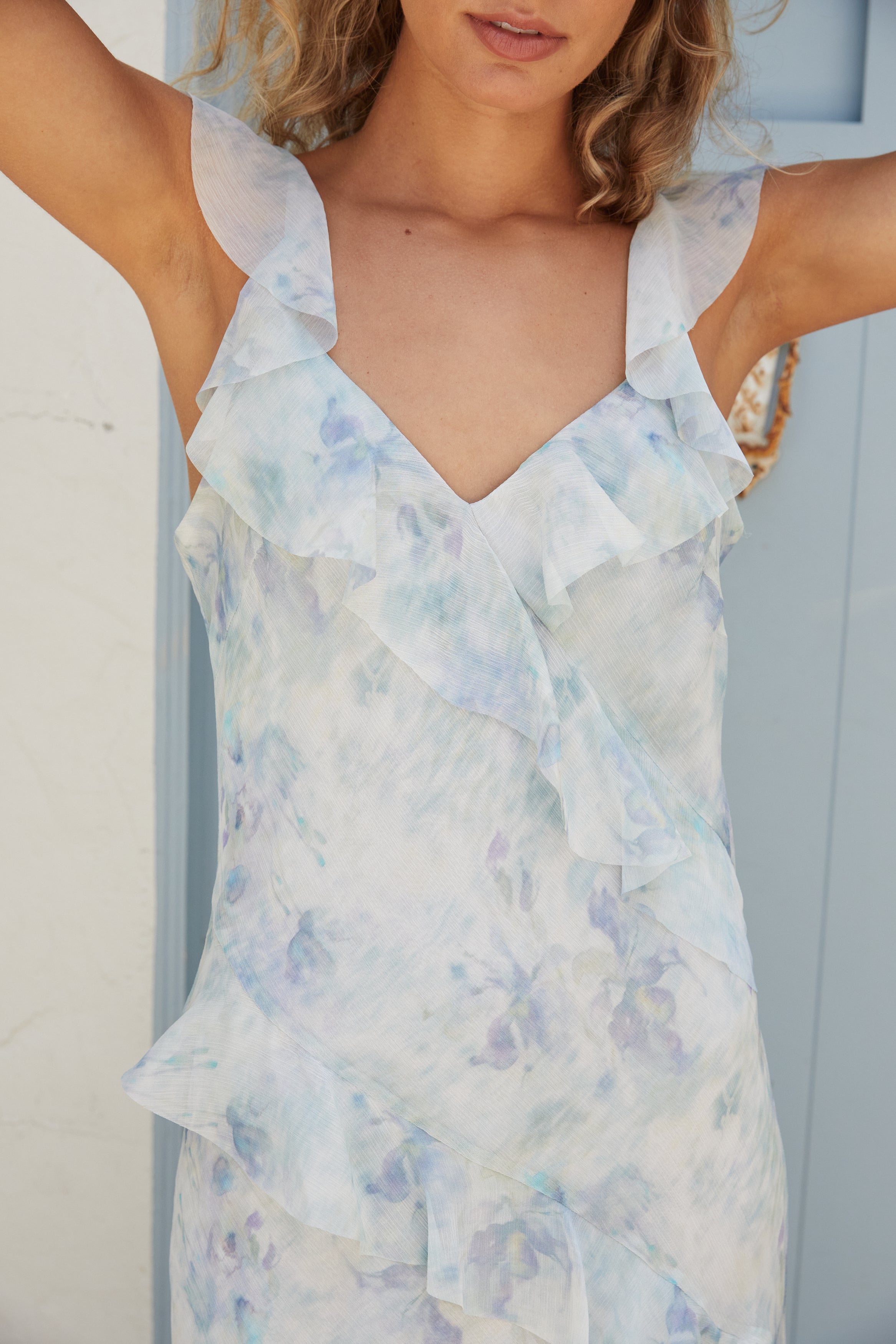 Simone Ruffle Dress - Blue Floral