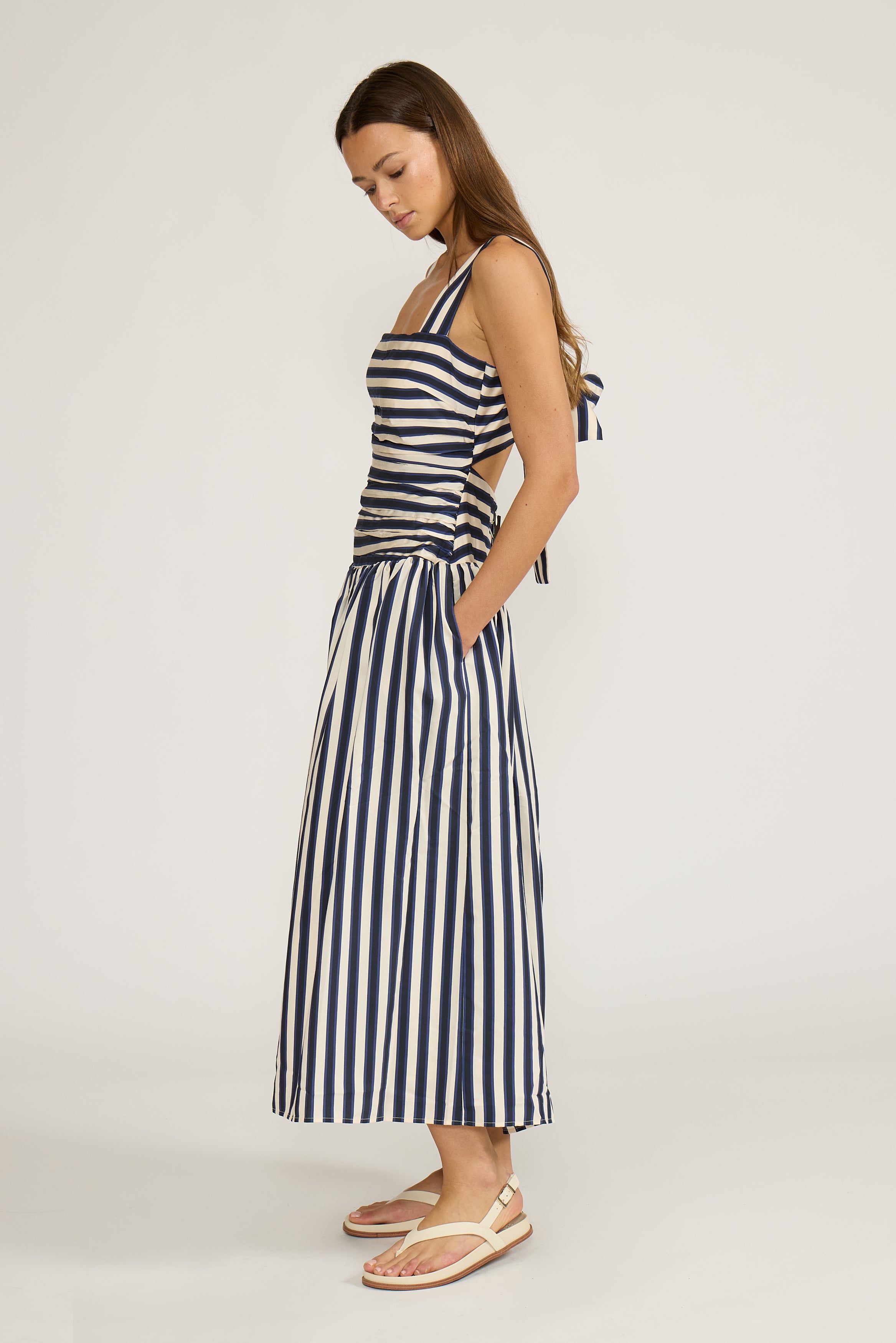 Georgie Gathered Dress - Navy Stripe