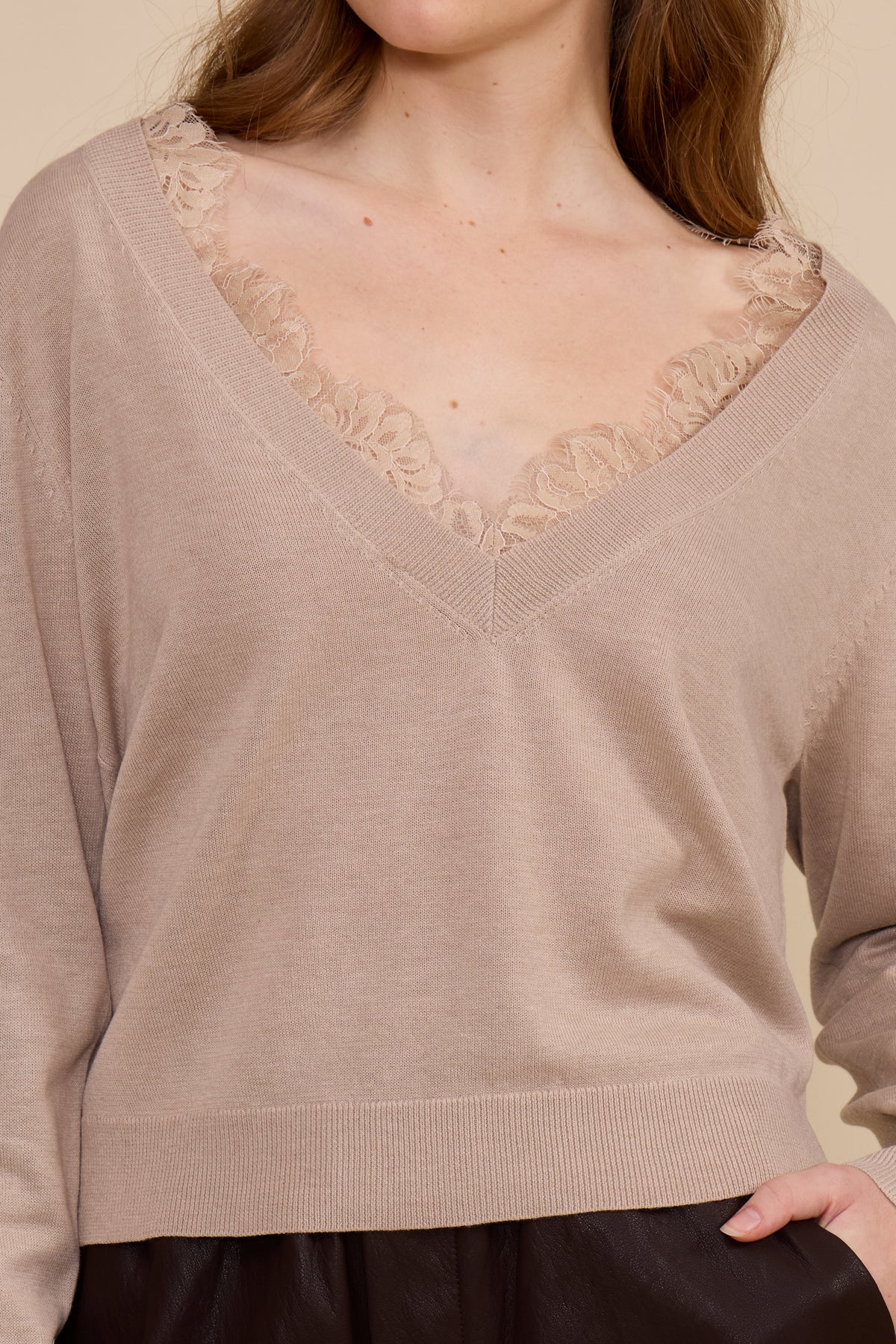 Marty Lace Trim Knit Top - Beige