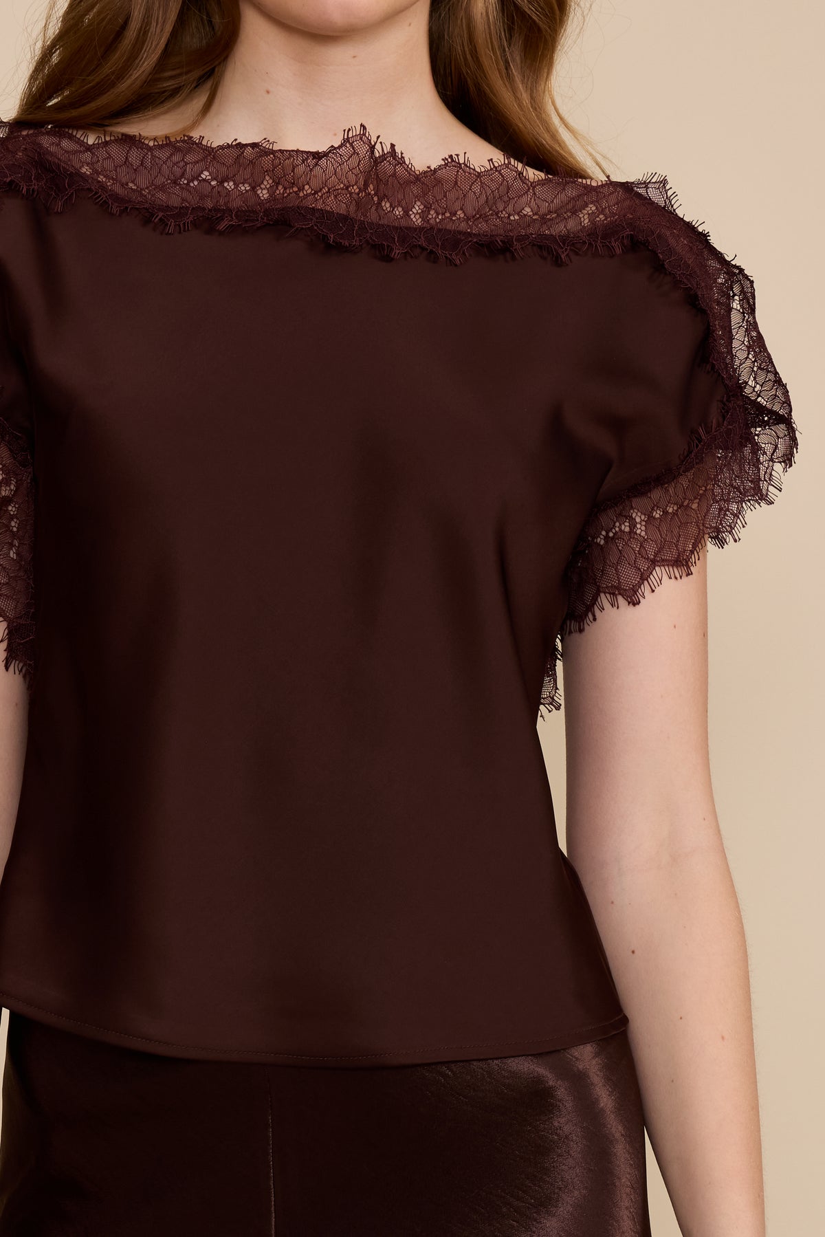 Chris Lace Trim Top - Brown