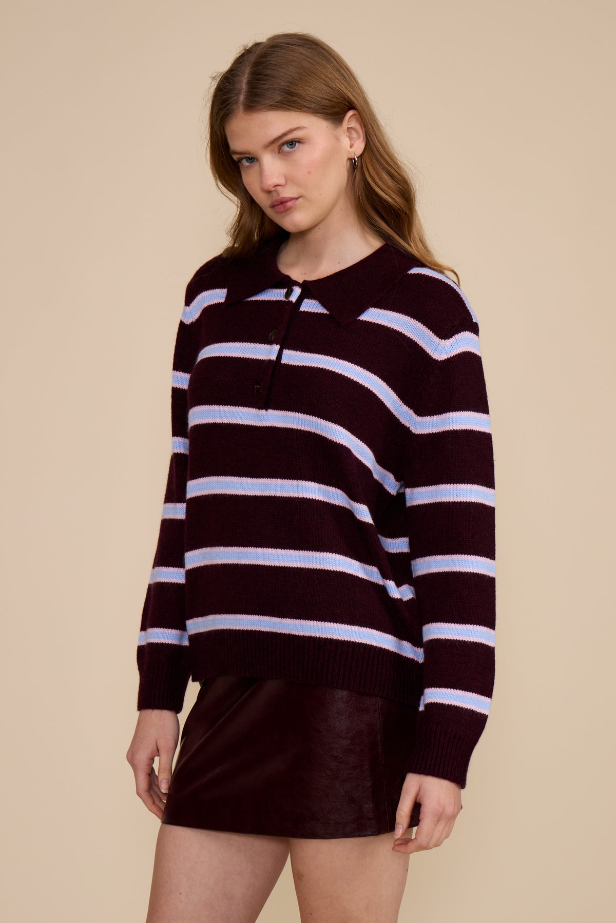 Bailey Relaxed Polo Sweater - Burgundy Multi