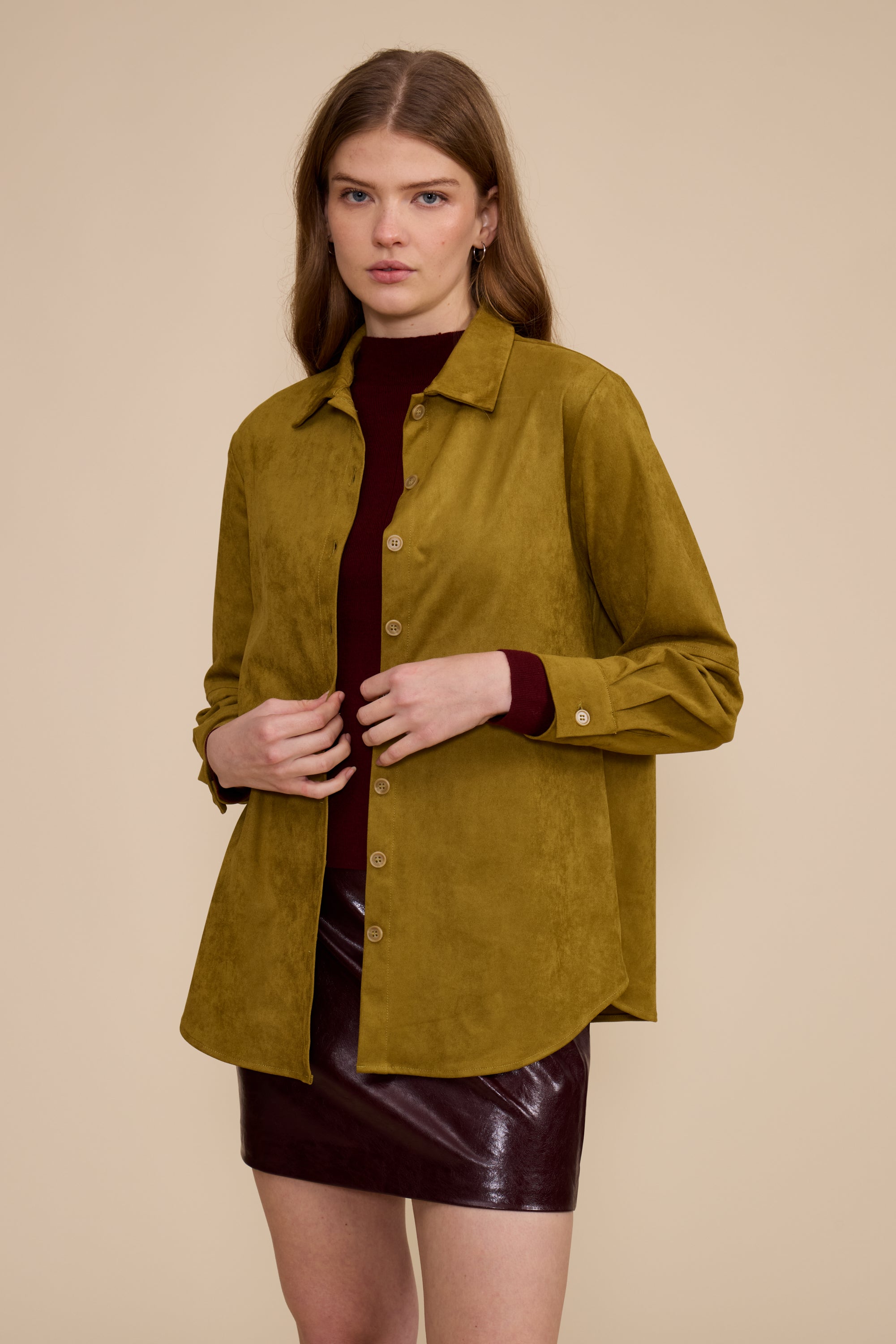 Paloma Faux Suede Shirt Jacket - Chartreuse