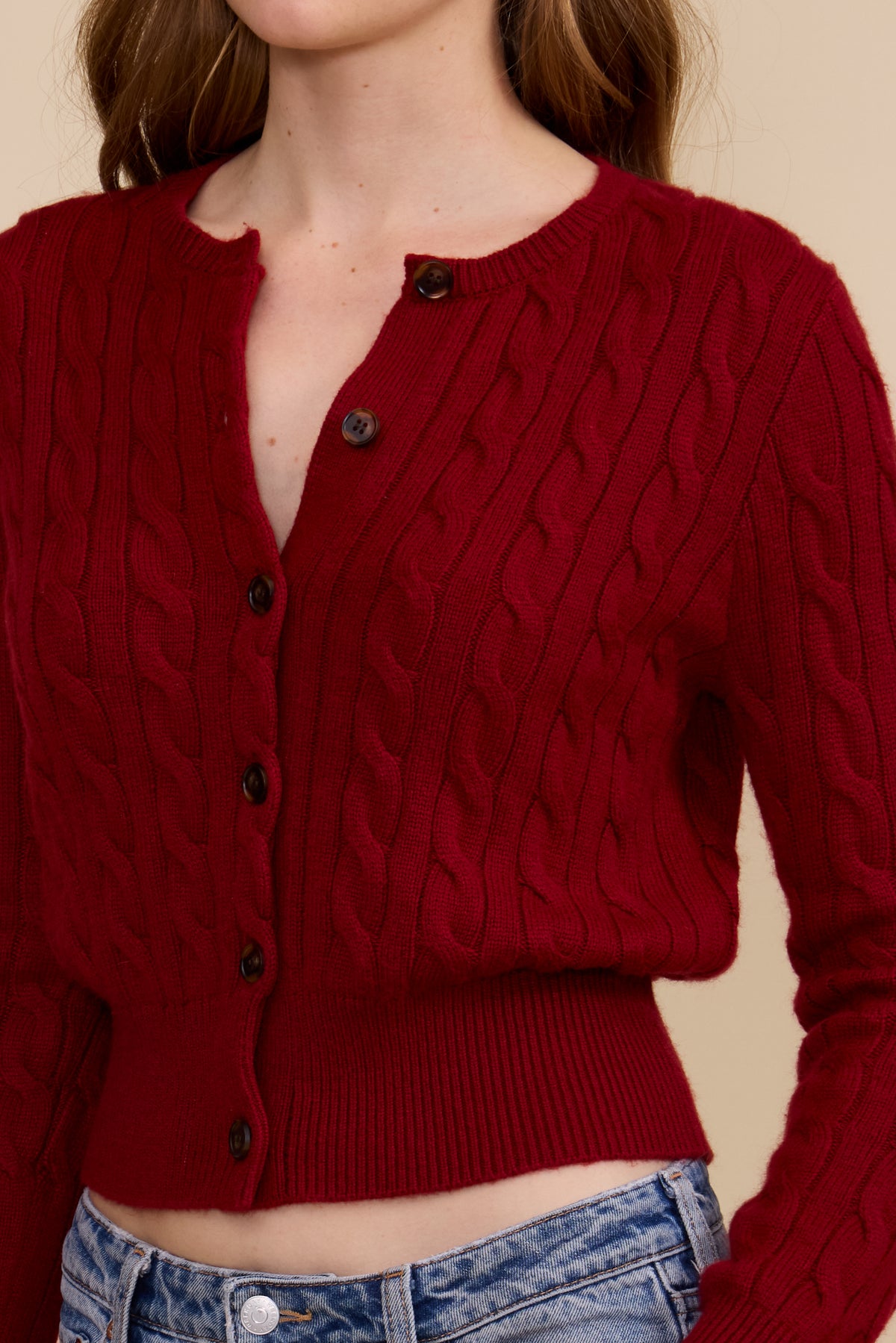 Delia Cable Knit Cardigan - Deep Merlot