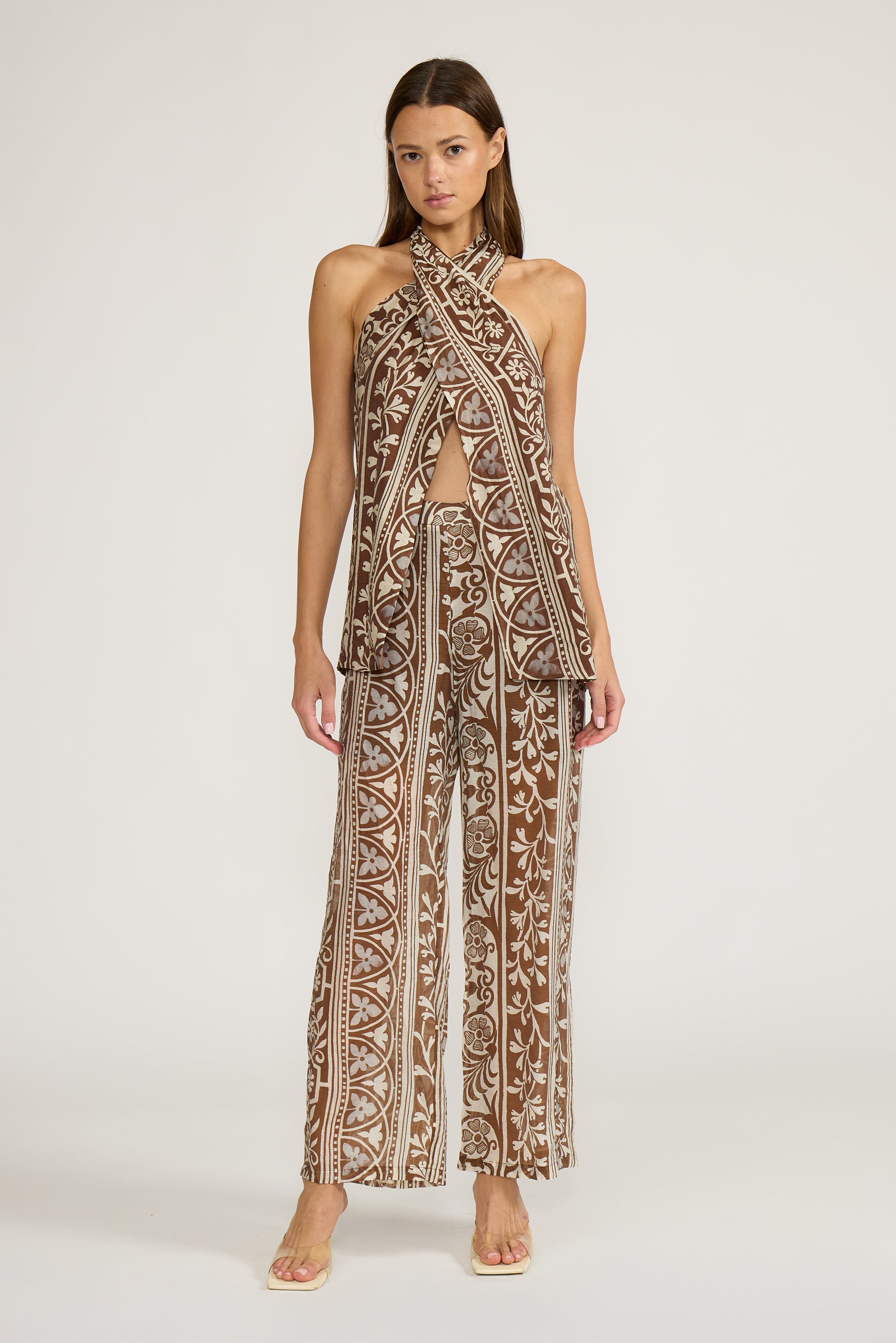Lucy Paris-Teala Wrapover Top - Brown Cream