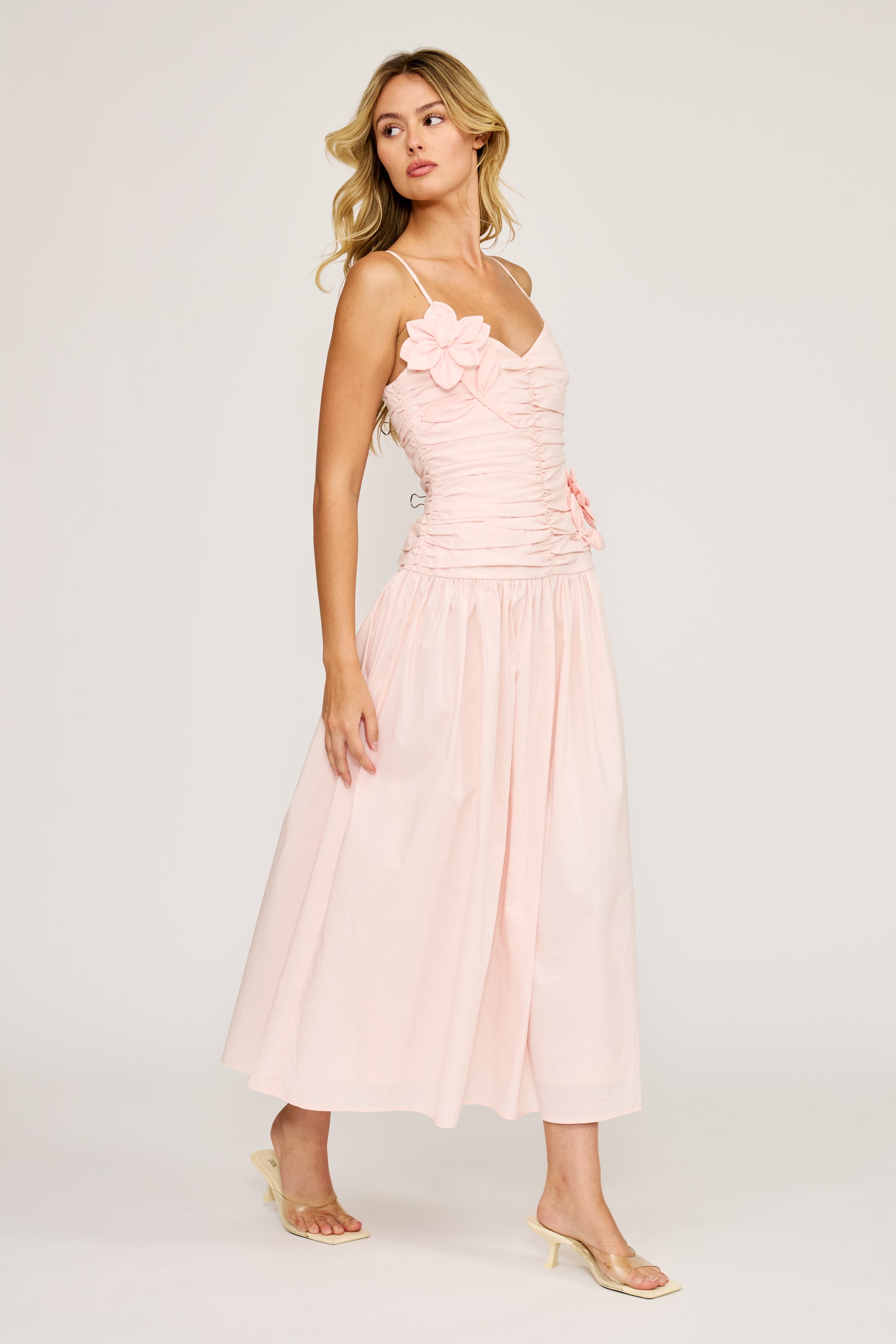 Lucy Paris - Harlowe Ruched Midi Dress - Soft Pink Large Lucy Paris - Harlowe Ruched Midi Dress - Soft Pink Large