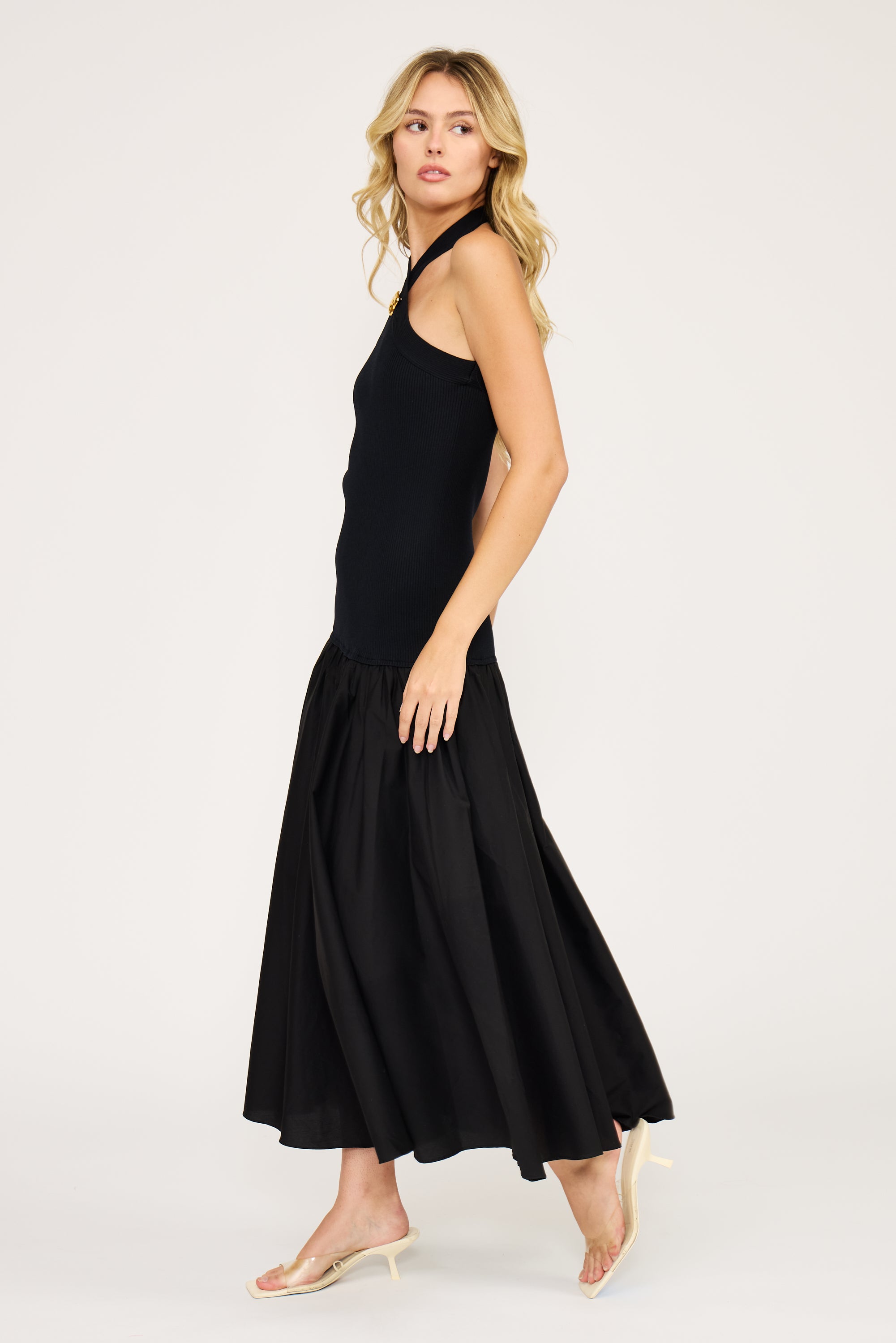 Arella Mixed Media Halter Dress - Black