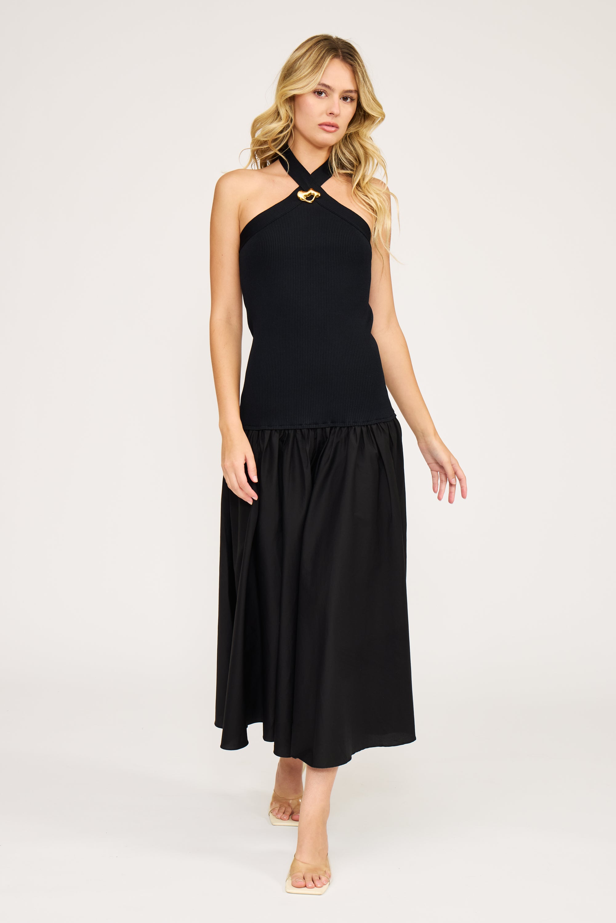 Lucy Paris - Arella Mixed Media Halter Dress - Black Medium Lucy Paris - Arella Mixed Media Halter Dress - Black Medium