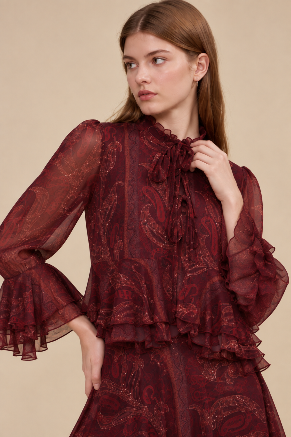 Savannah Peplum Ruffle Top - Burgundy Multi