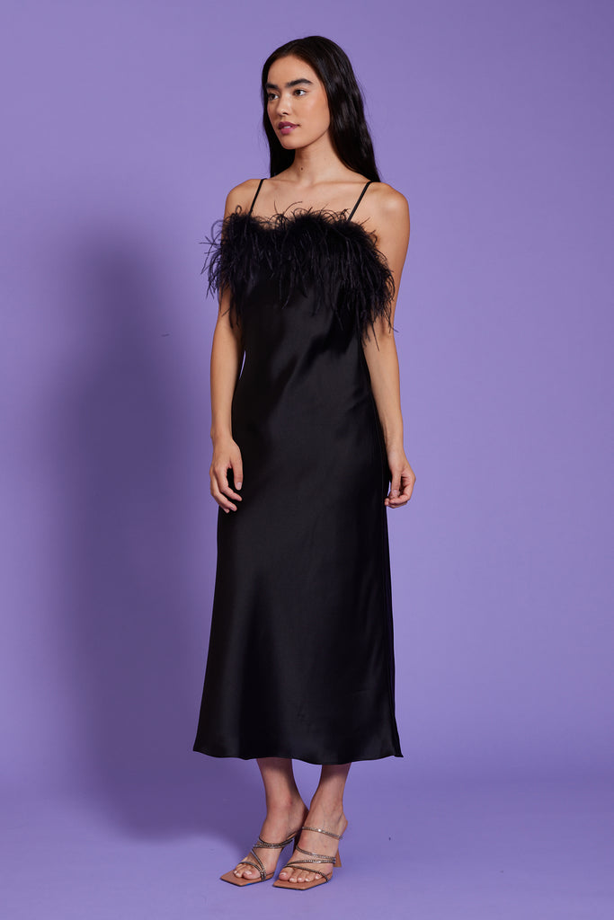 Flora Feather Slip Dress - Black